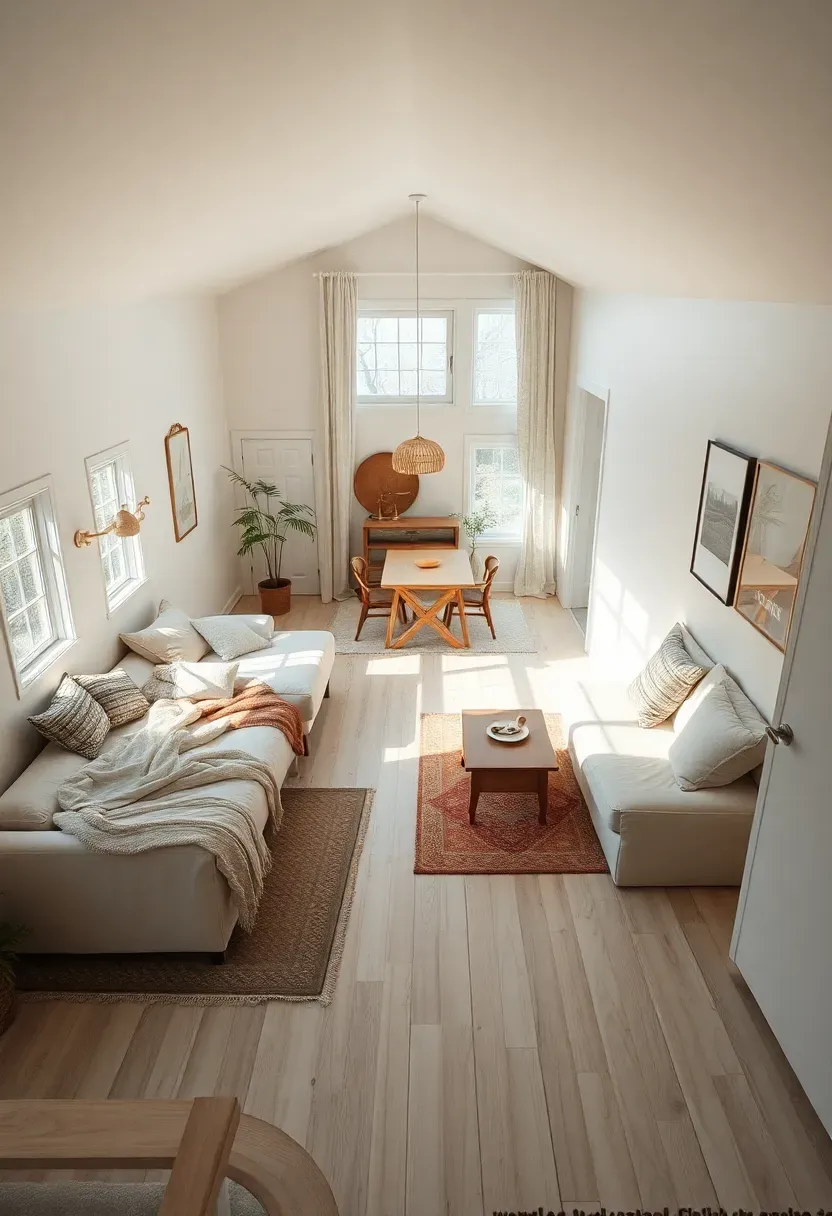 Hyper-realistic 3/4 view of a tiny house with open zones defined by rugs and furniture placement, sleeping corner, living area, small dining table. Materials: white oak floor continuous throughout, linen sofa, wool rugs, matte white walls. Warm diffused window light, creamy neutrals with soft beige accents. Mood: open, zoned, airy. Shallow depth of field, sharp details, balanced composition, soft shadows, visible room context. No text, no logos, no watermarks.</p>