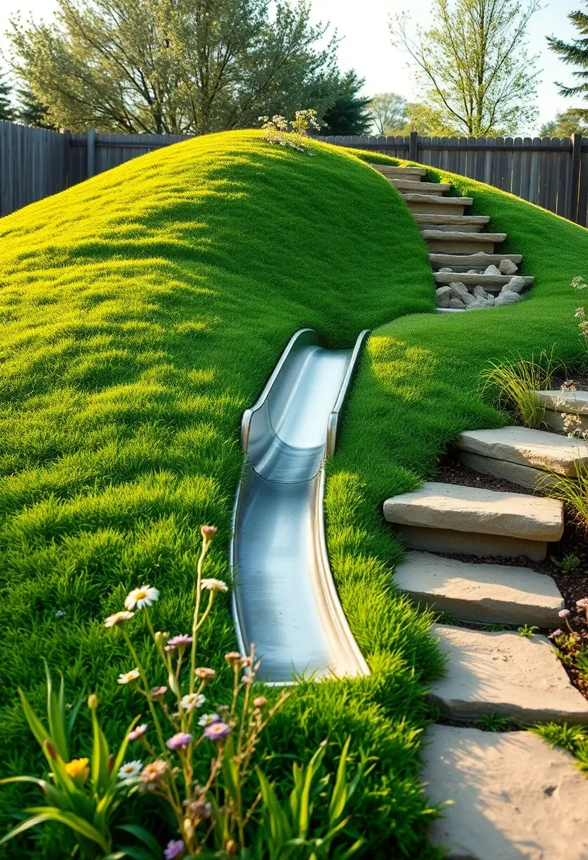 Grassy backyard turf mound with an embedded slide running down one side, stone steps on the other, and wildflowers on top