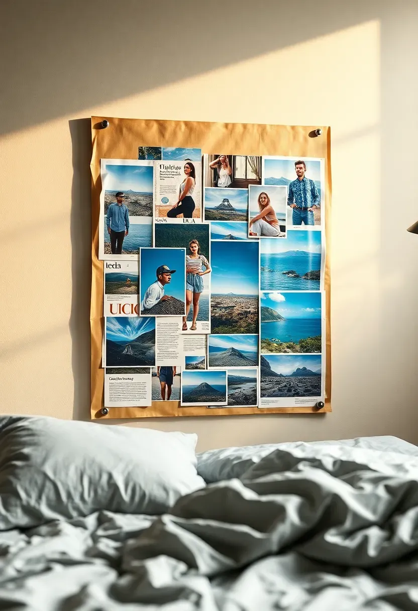Teen bedroom magazine collage mood board wall with colorful cut-outs of fashion, nature, and inspirational phrases