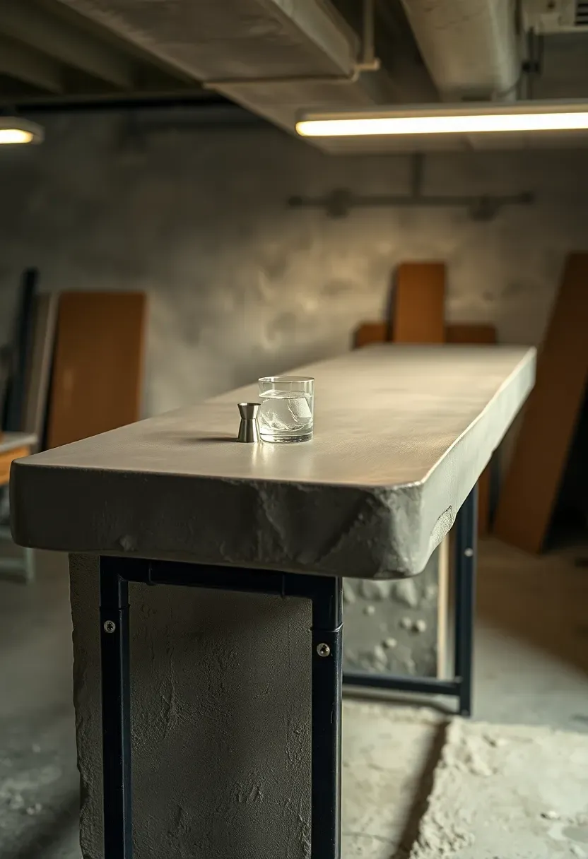 Cast concrete basement bar countertop with raw edges, embedded river stones, and a matte sealer finish on a steel base frame
