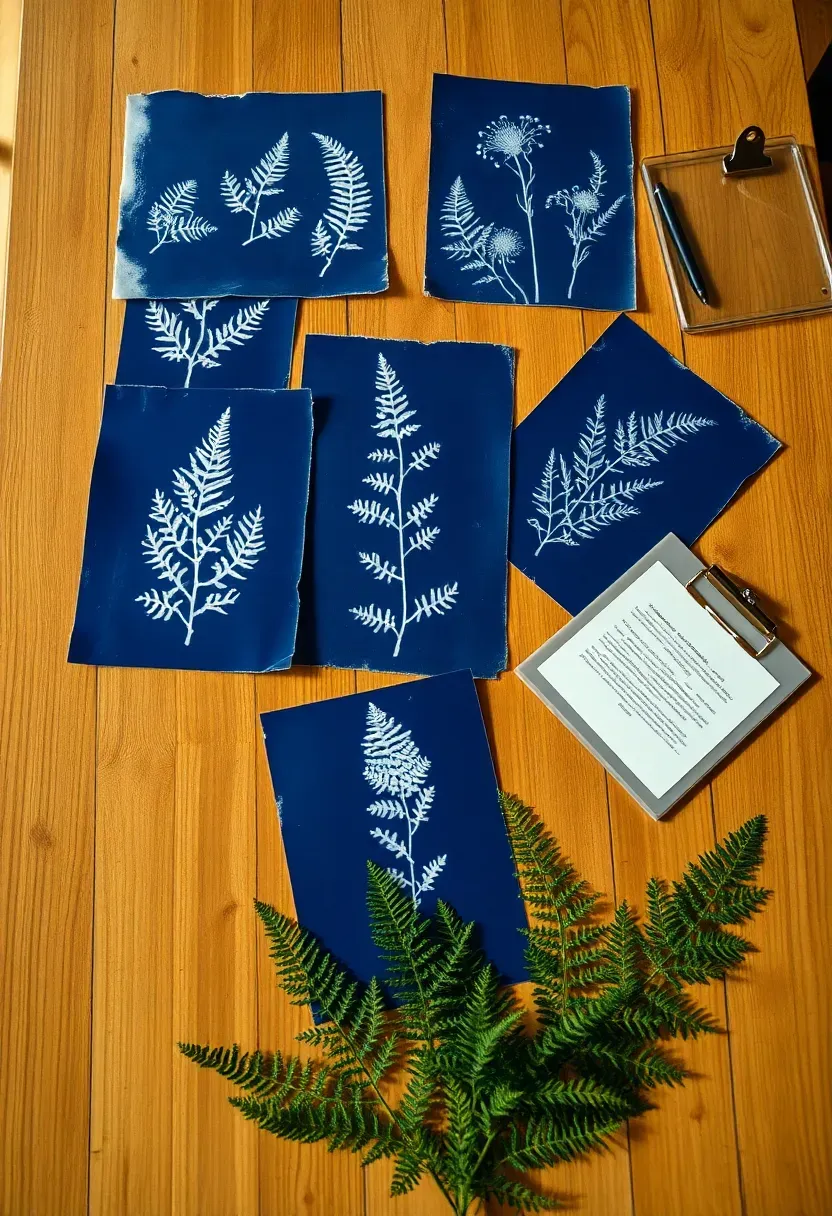 cyanotype botanical sun prints showing fern and leaf silhouettes on deep blue paper