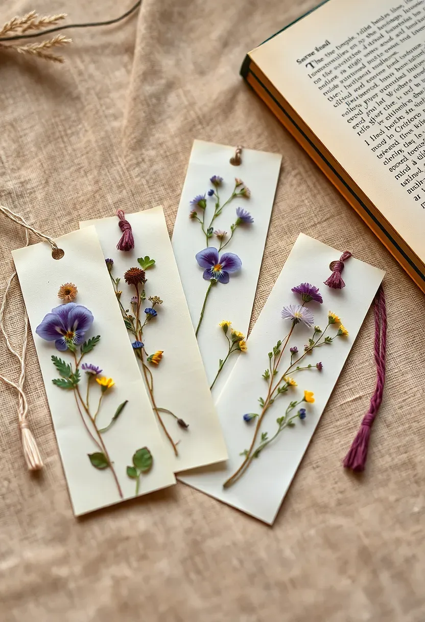 set of handmade bookmarks with pressed flowers laminated between clear sheets