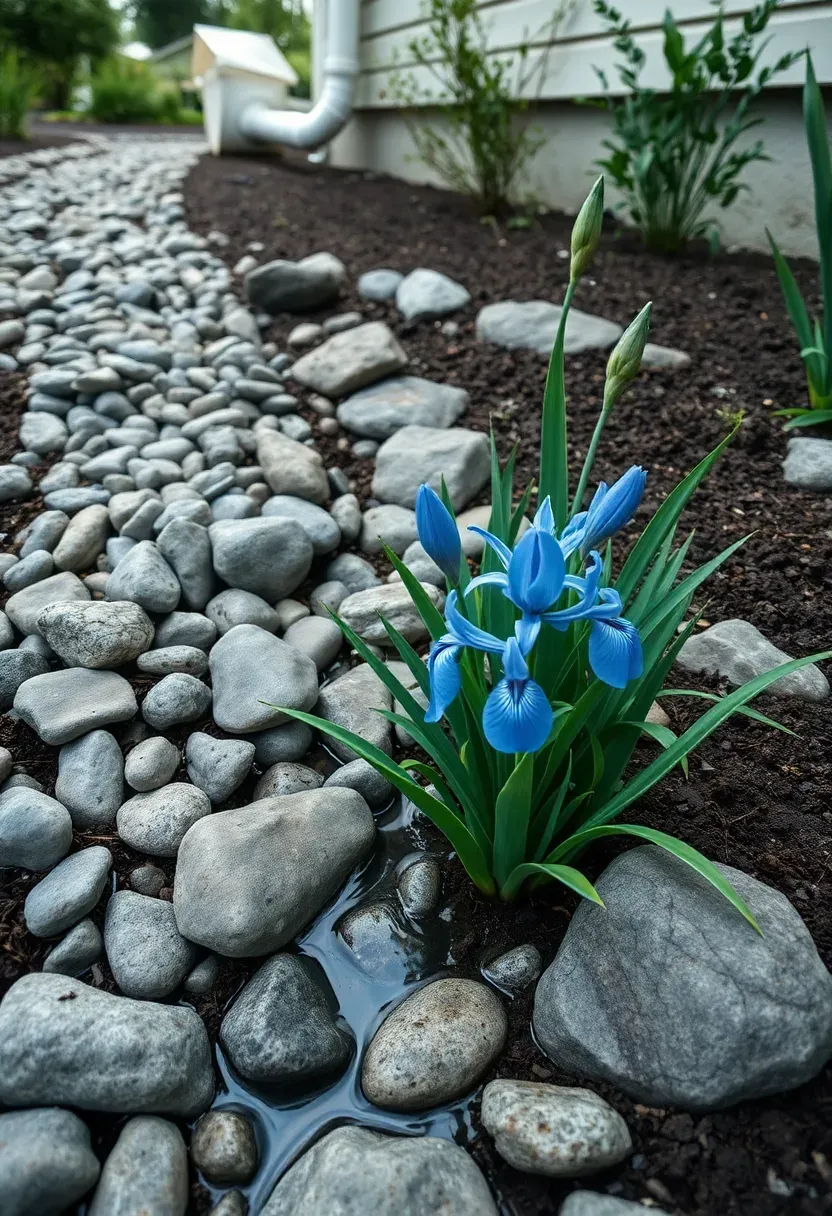Backyard rain garden in a shallow planted depression with native sedges and iris filtering stormwater runoff from a downspout through a dry creek bed of river rock