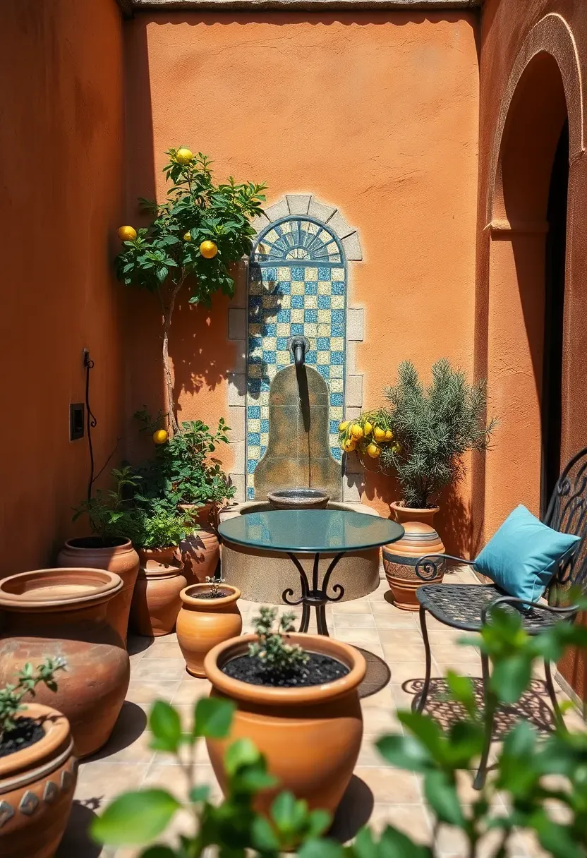 Intimate Mediterranean courtyard with terracotta pots, a mosaic tile wall fountain, wrought iron furniture, and citrus trees