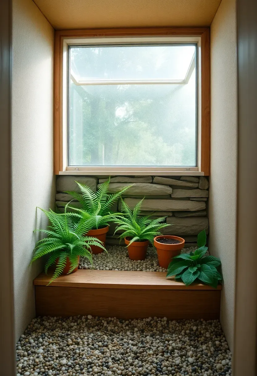 Basement window well converted into a light well garden with gravel base, potted ferns, and a clean polycarbonate cover
