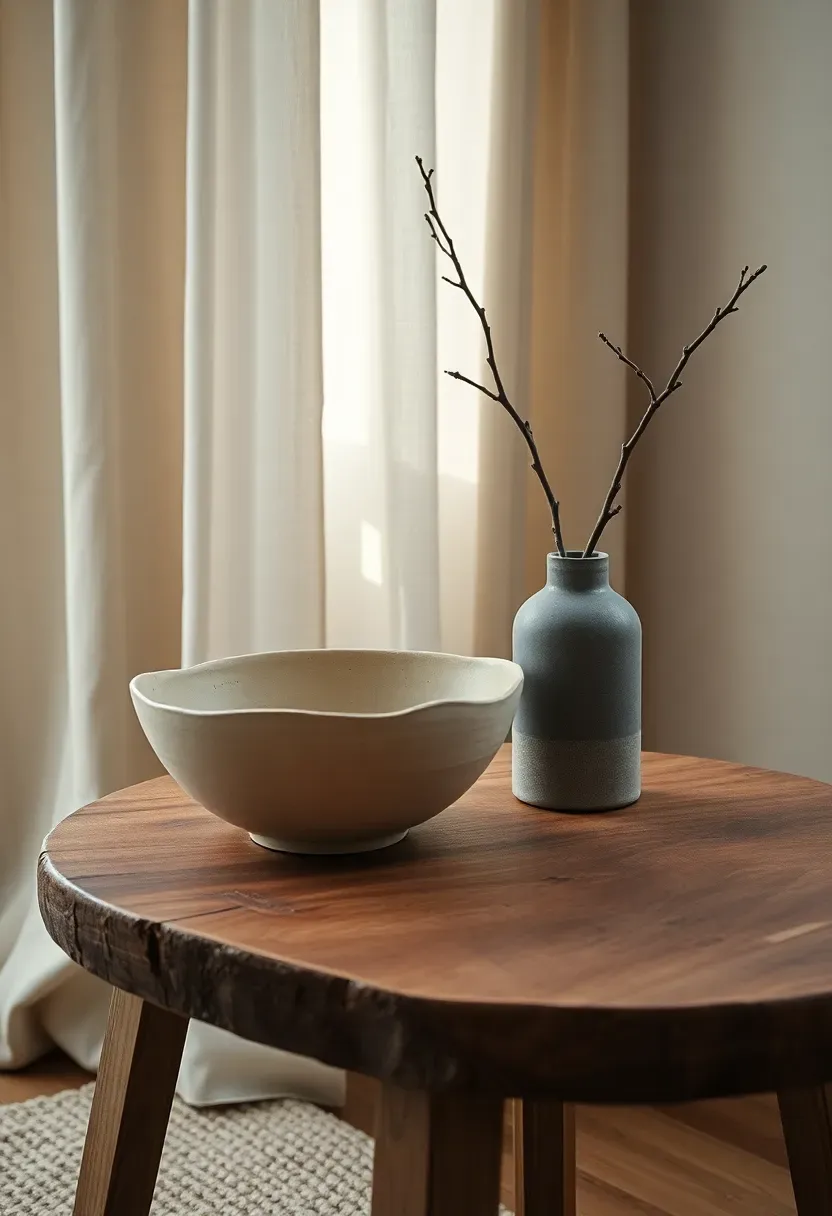 Wabi-sabi styled side table with handmade imperfect ceramic bowl and dried branch in a simple vase