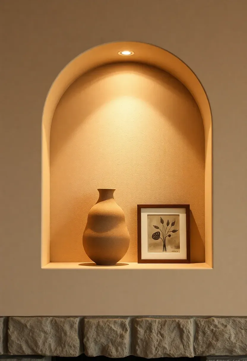Arched built-in niche above fireplace displaying curated ceramics and a small sculpture on a lit shelf