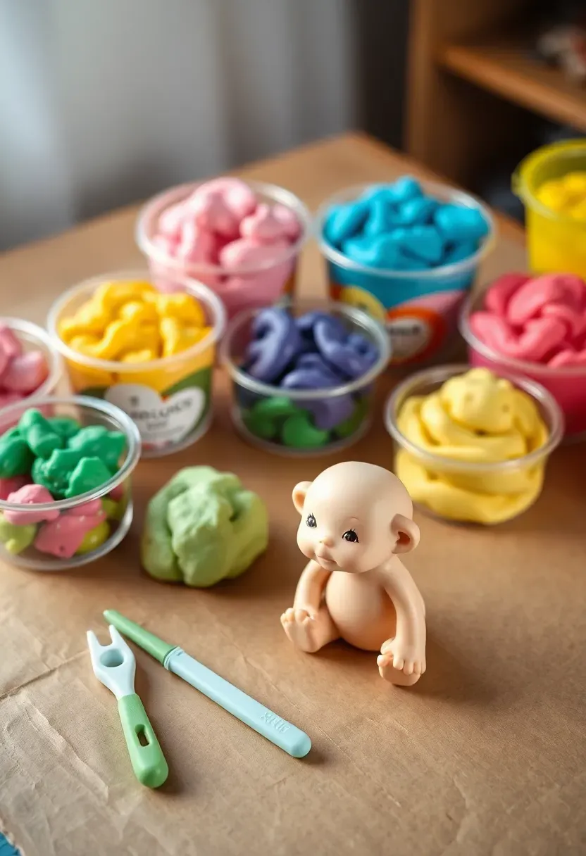 guests sculpting baby figures out of colorful playdough at a creative baby shower station
