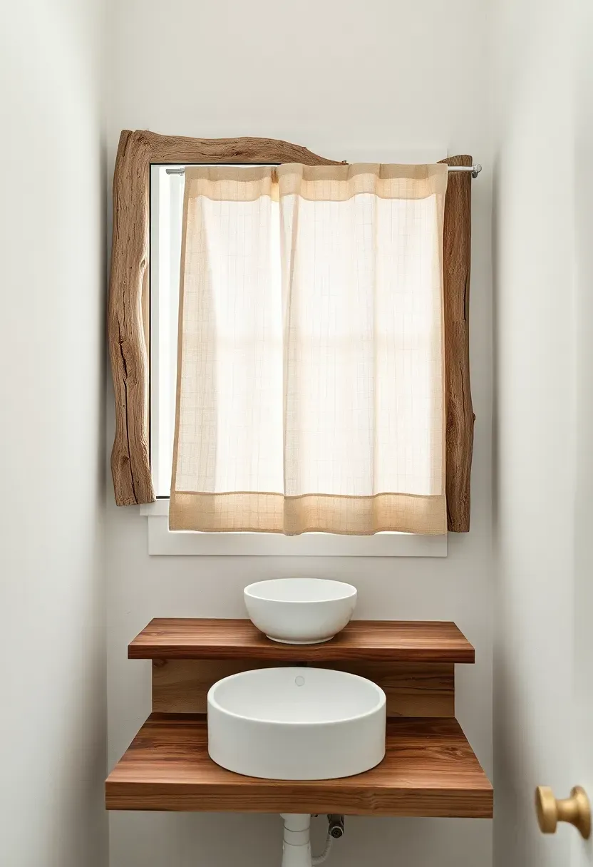 Small powder room with driftwood-framed rectangular mirror, linen cafe curtain on lower window, white vessel sink on reclaimed wood floating shelf