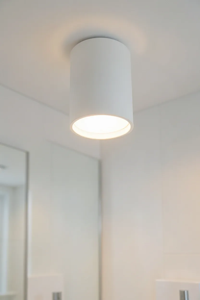 Minimalist LED bathroom light fixture on a white wall, paired with warm sconces on either side of a mirror for layered lighting