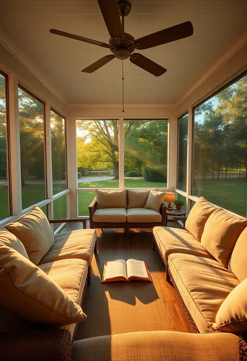 Wraparound screened porch with deep cushion sofas, a ceiling fan overhead, and views of a green yard through fine mesh screens