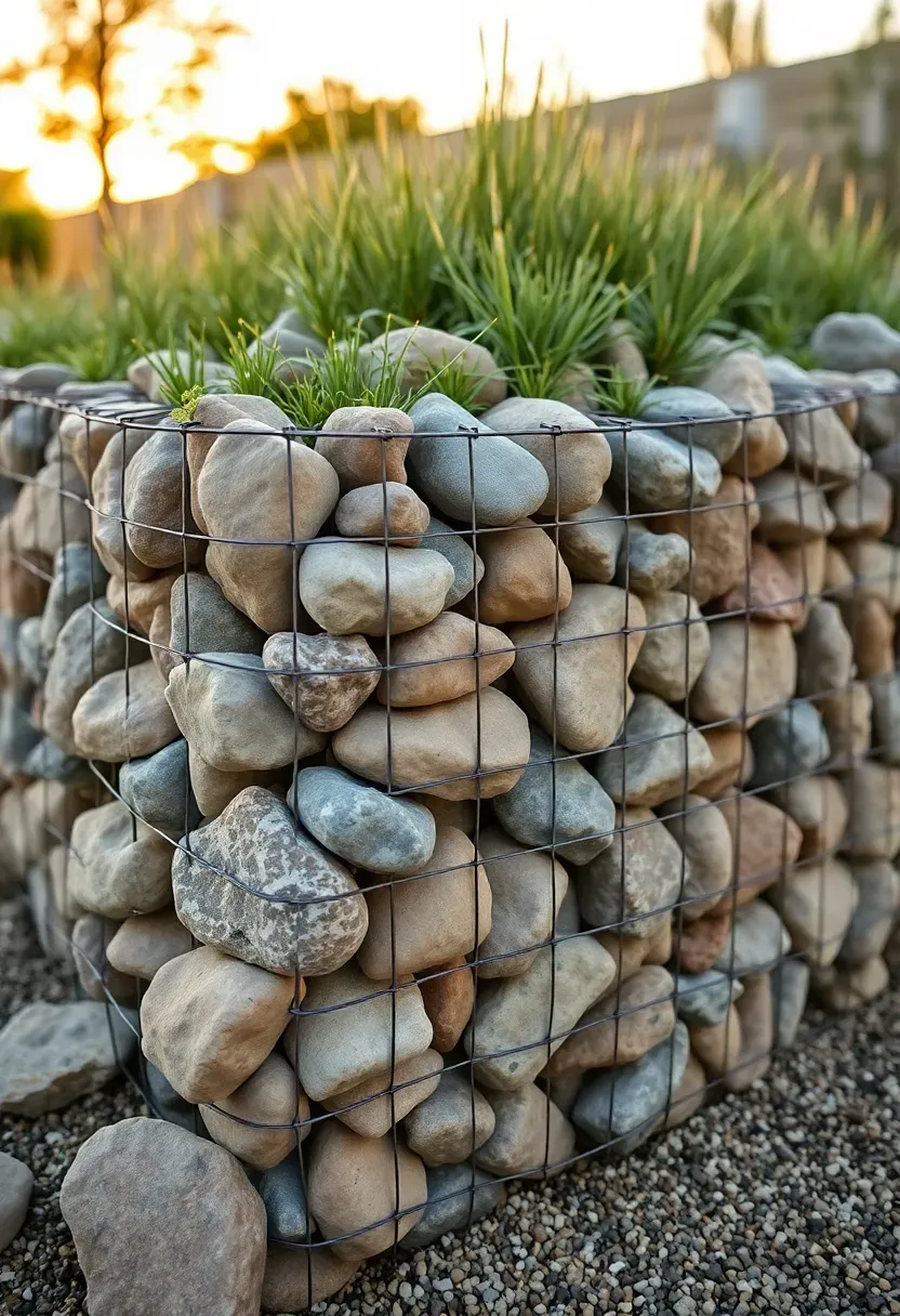 Gabion wall filled with rounded river rocks along a backyard border with low native plants growing along the top edge