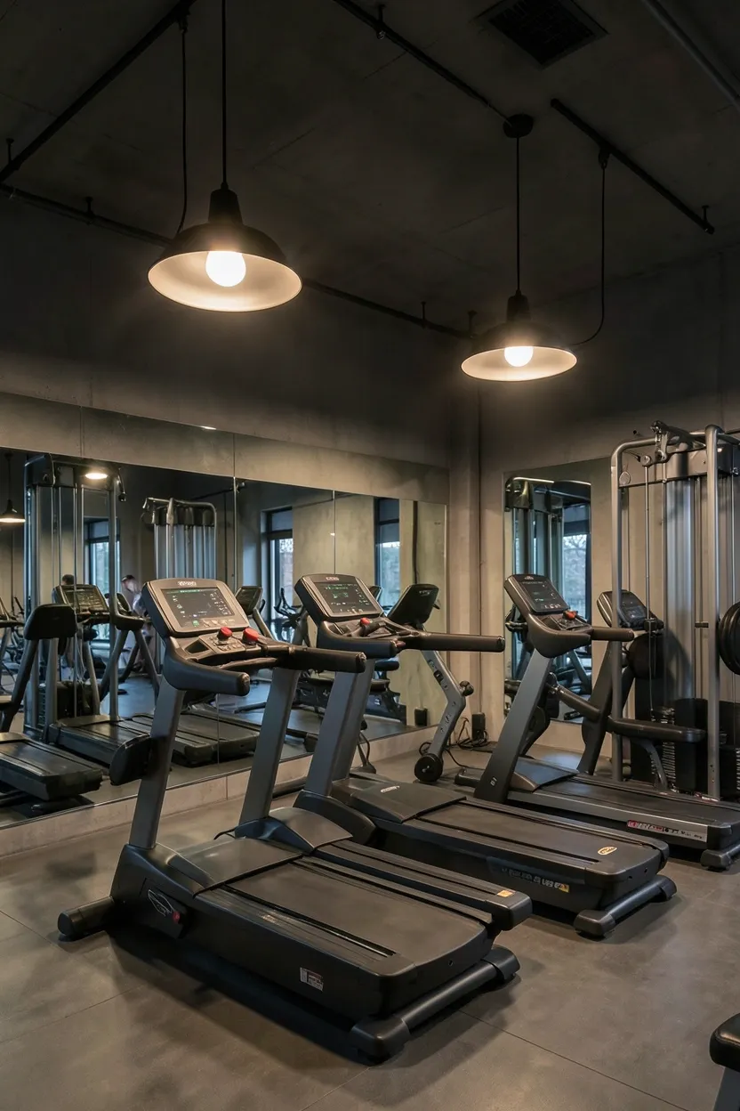 Wall sconces mounted symmetrically on either side of a gym mirror providing balanced side lighting for form monitoring