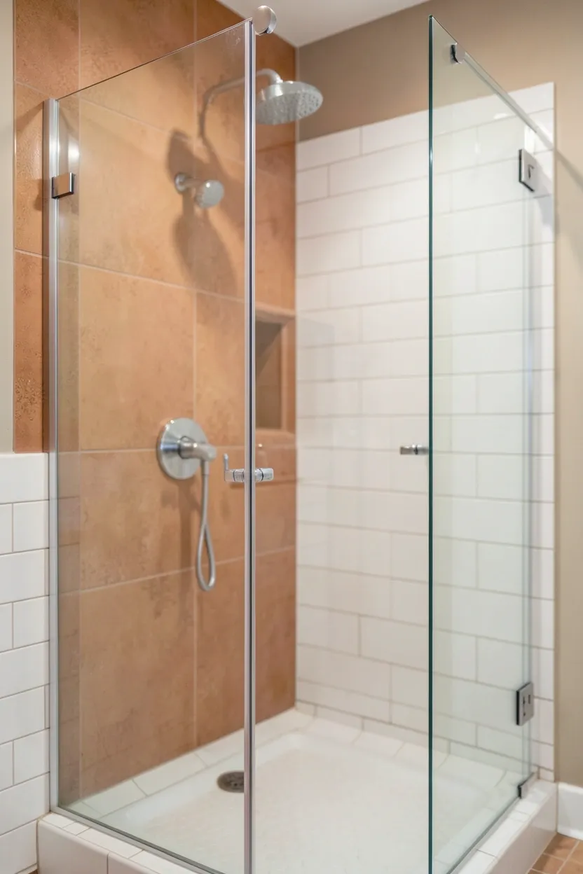 Terracotta accent wall inside a shower enclosure with white surrounding tiles and brushed brass fittings