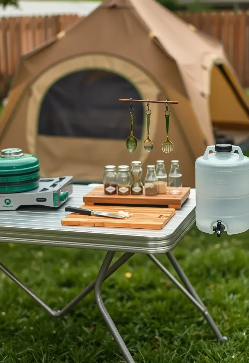 A folding camp table set up as an outdoor kitchen with a two-burner propane stove, cutting board, spice jars, utensils hanging from hooks, and a water jug
