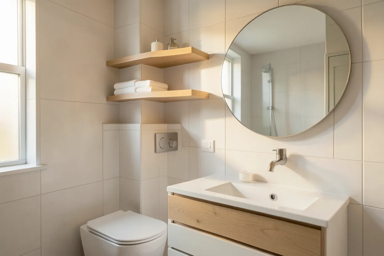 Bright renter-friendly apartment bathroom with floating shelves, white subway tiles, and organized small-space storage