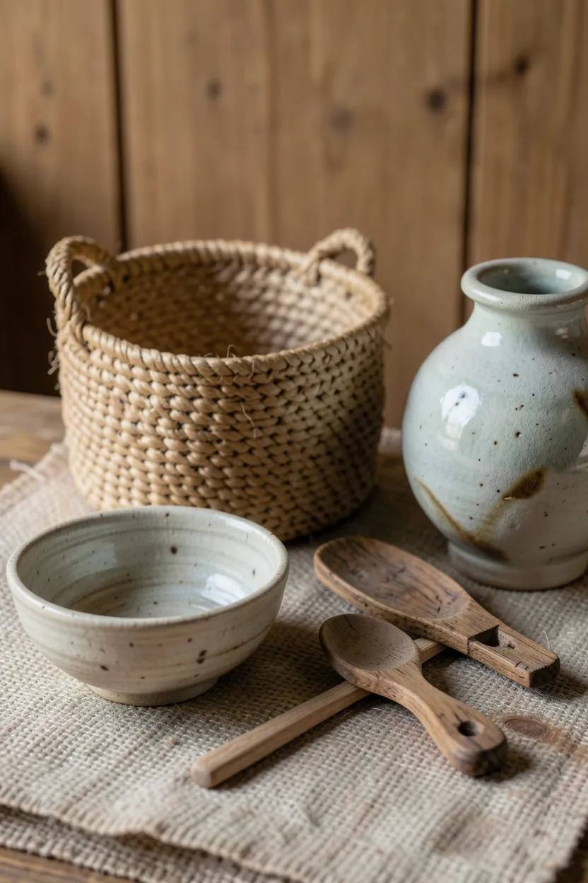 Aged wooden dining table with visible scratches and patina next to worn leather chair in a cozy wabi-sabi rental apartment