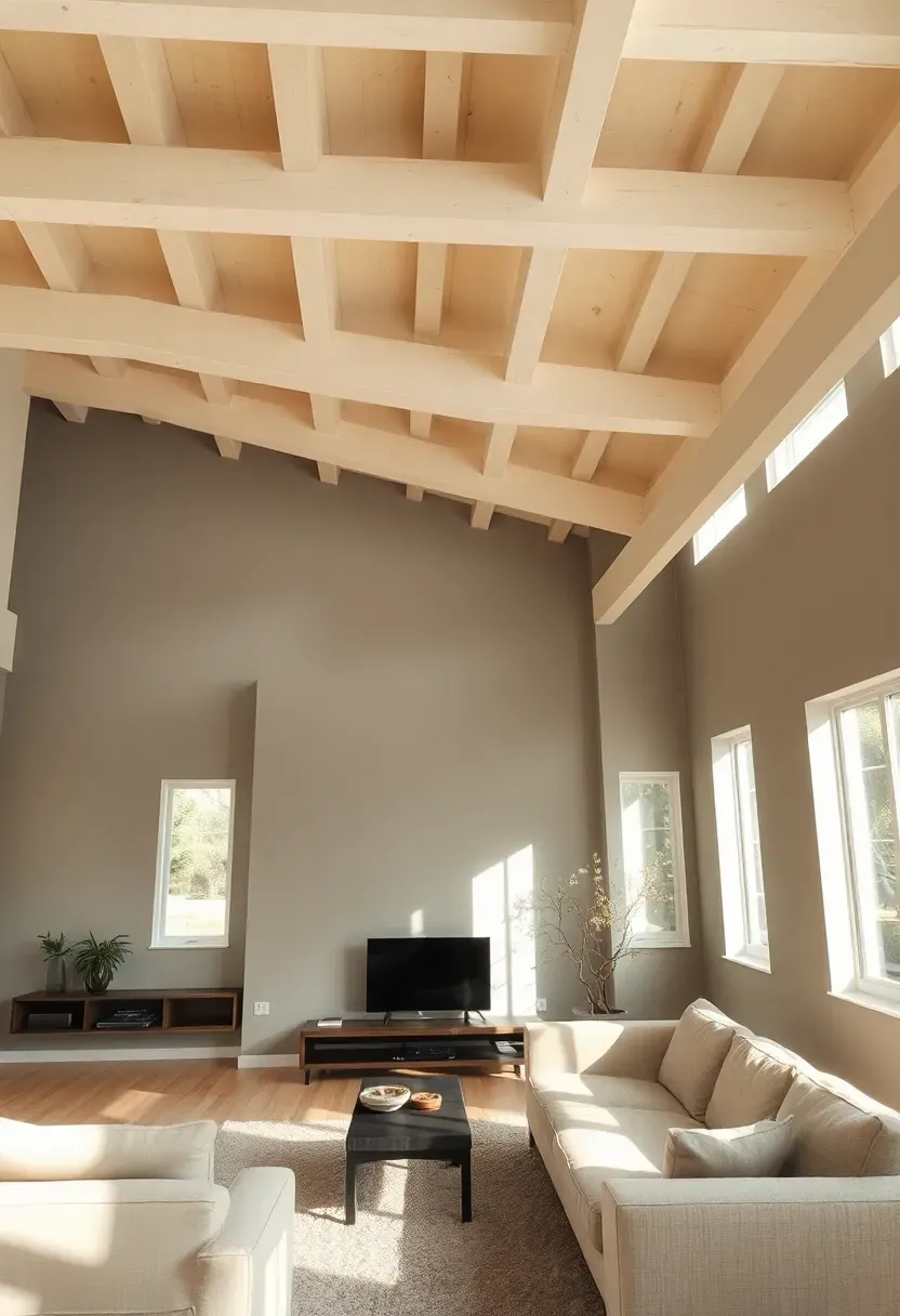 Hyper-realistic elevated view of an earthy modern living room featuring exposed ceiling beams painted in warm white with subtle yellow undertones.