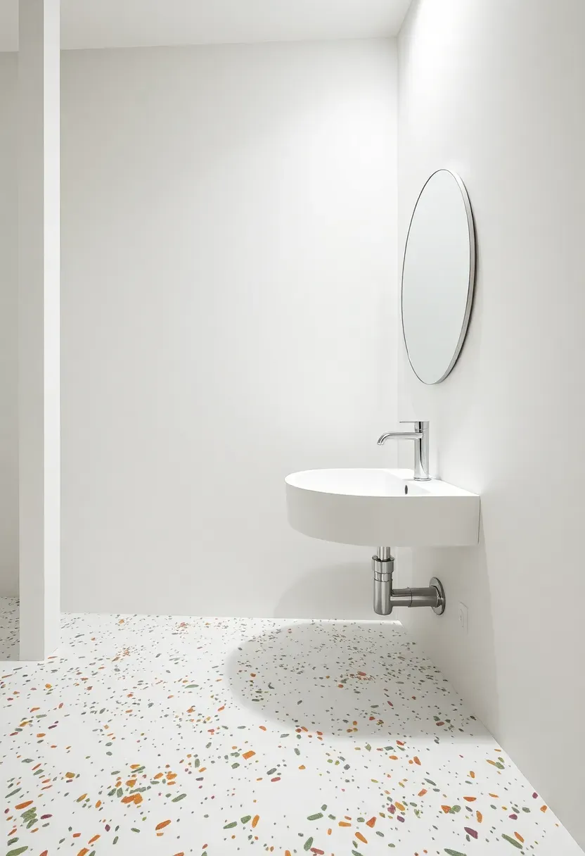 Fish scale fan shaped mosaic tiles in ocean blue tones on a bathroom floor with white freestanding tub and brass drain