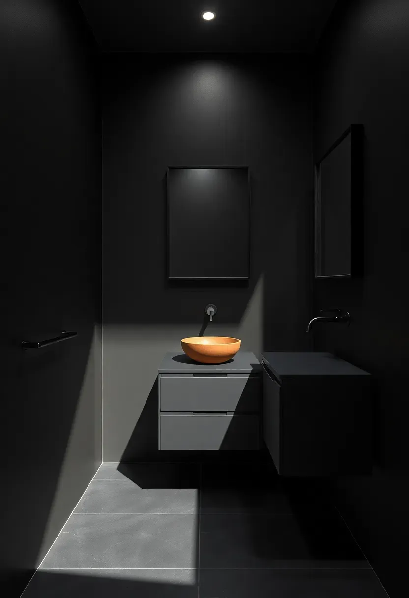 Striking all-matte-black small bathroom with black walls, fixtures, and a matte black framed mirror