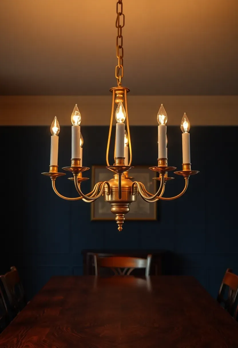 brass six-arm candlestick chandelier hanging in a colonial dining room with dark walls