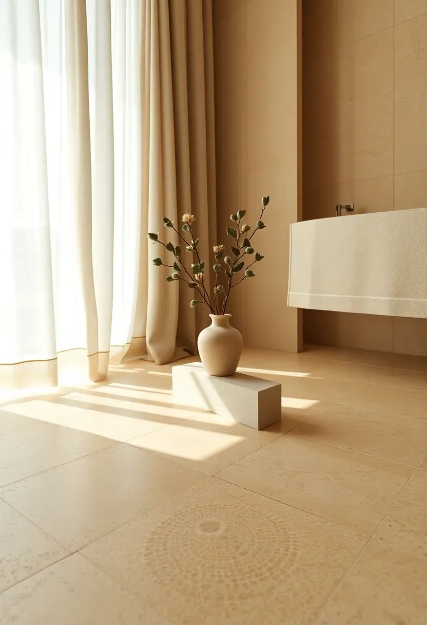 Honed limestone floor tiles in a creamy beige tone inside a serene spa-style bathroom with linen curtains