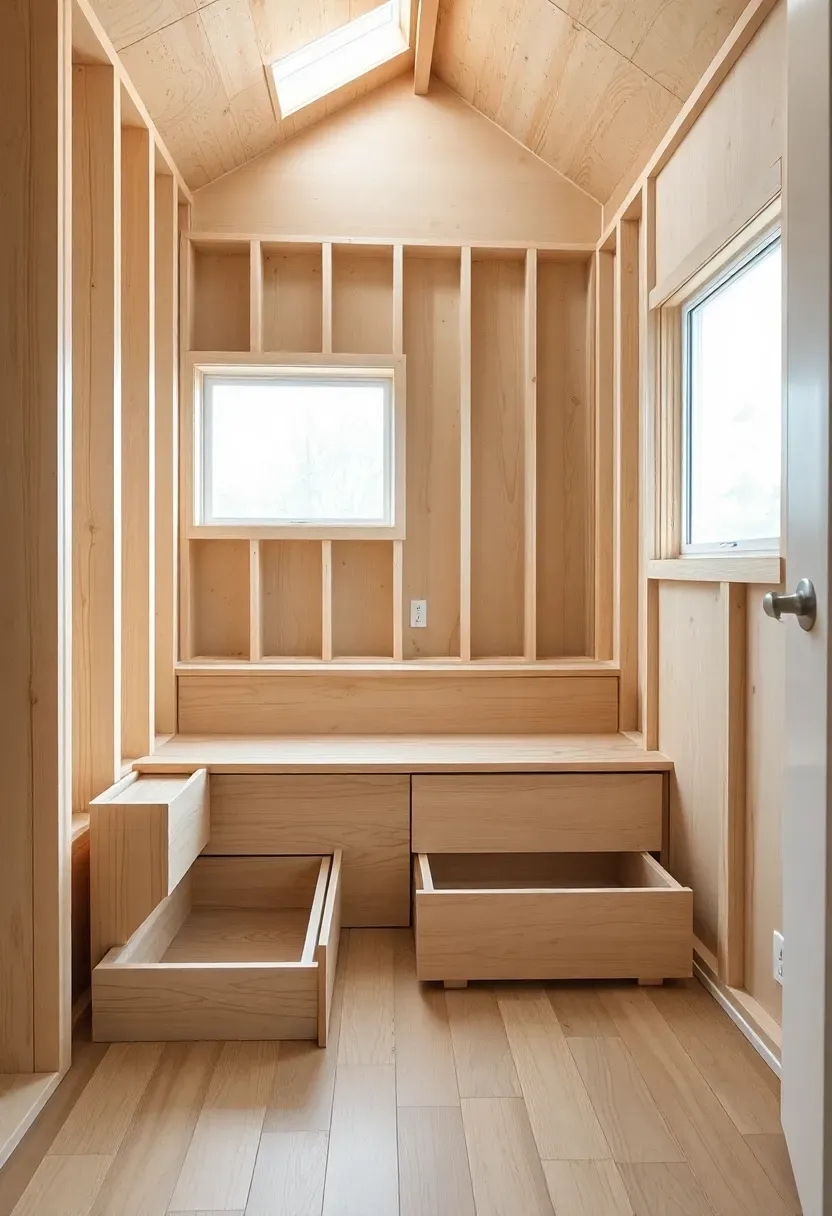 Hyper-realistic 3/4 view of a tiny house under construction showing storage built into walls, floor compartments, stair drawers. Materials: white oak framing, plywood storage compartments, white oak subfloor, natural light. Warm diffused daylight, creamy neutrals with wood tones. Mood: under-construction, clever, intentional. Shallow depth of field, sharp details, balanced composition, soft shadows, visible room context. No text, no logos, no watermarks.</p>