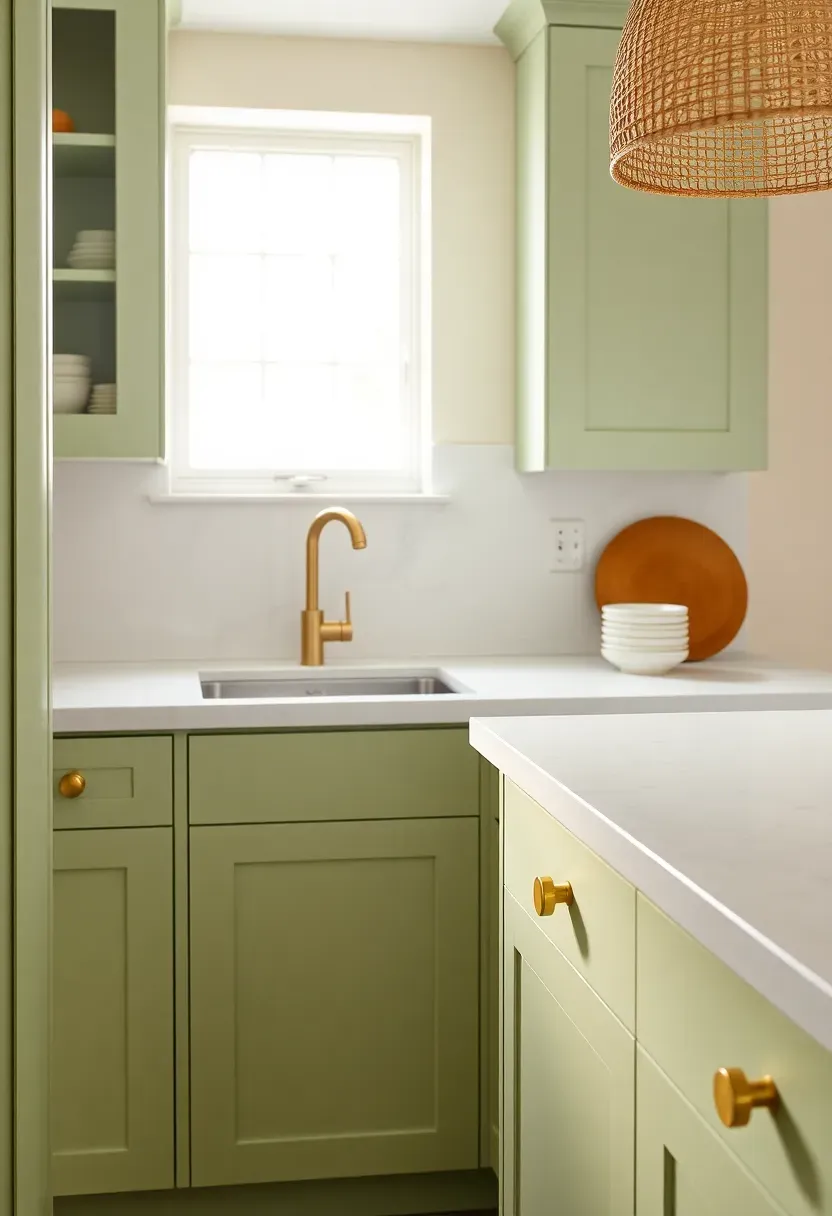 soft pistachio green kitchen with gentle pale tone and natural finishes