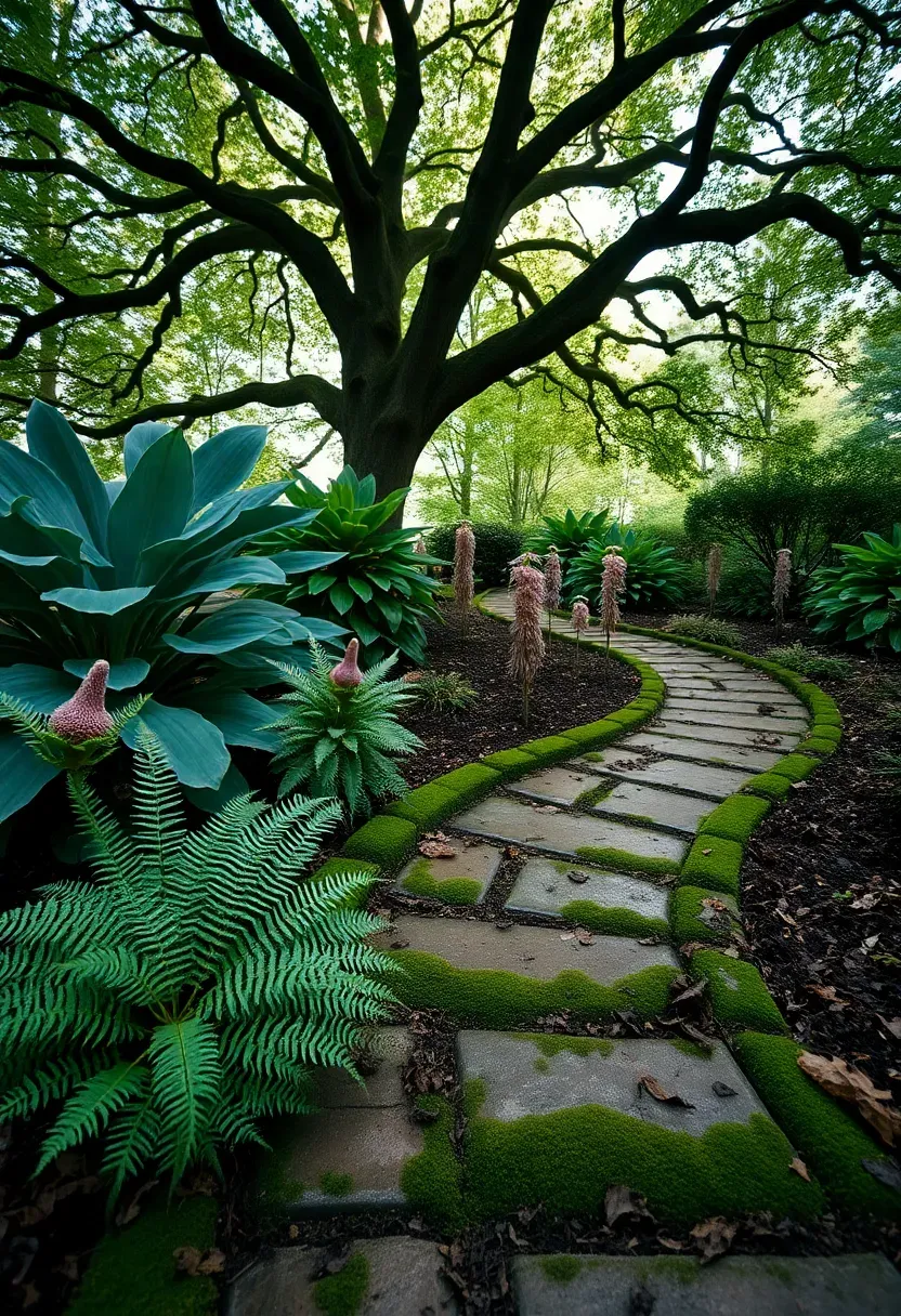 Shaded backyard garden under mature tree canopy with hostas, ferns, astilbe, and a moss-covered stone path winding through dappled light