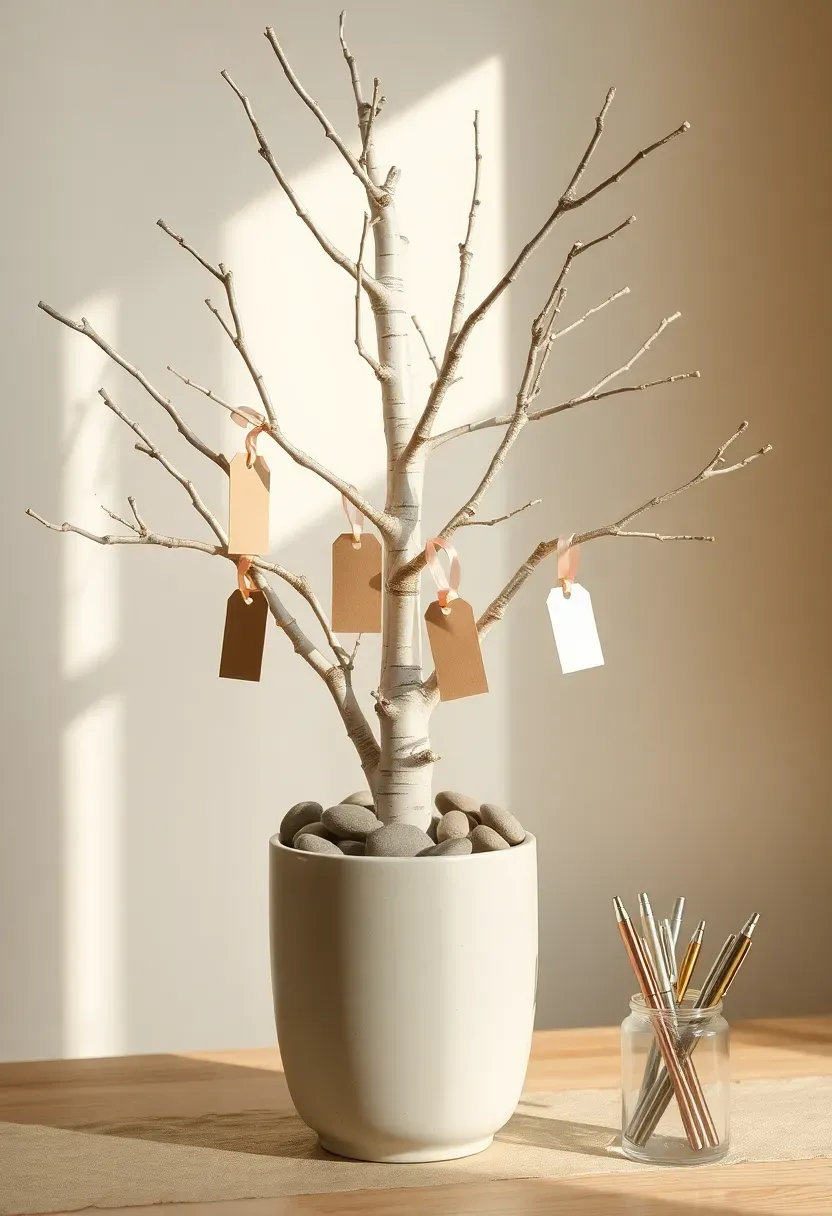beautiful wish tree made of white birch branches in a decorative pot with small tags and ribbons where guests write wishes for the baby at a shower