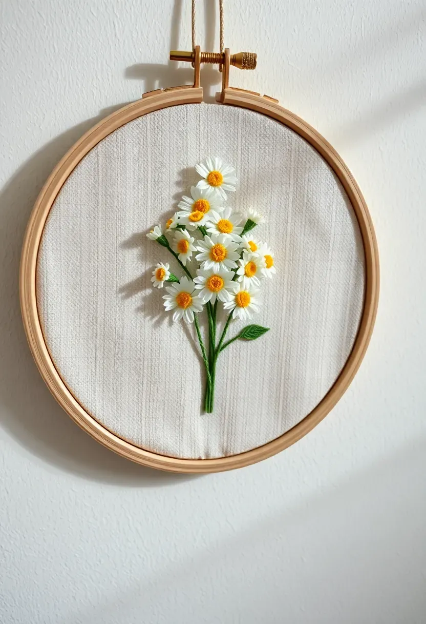 embroidery hoop with spring floral design featuring daisies and greenery on linen