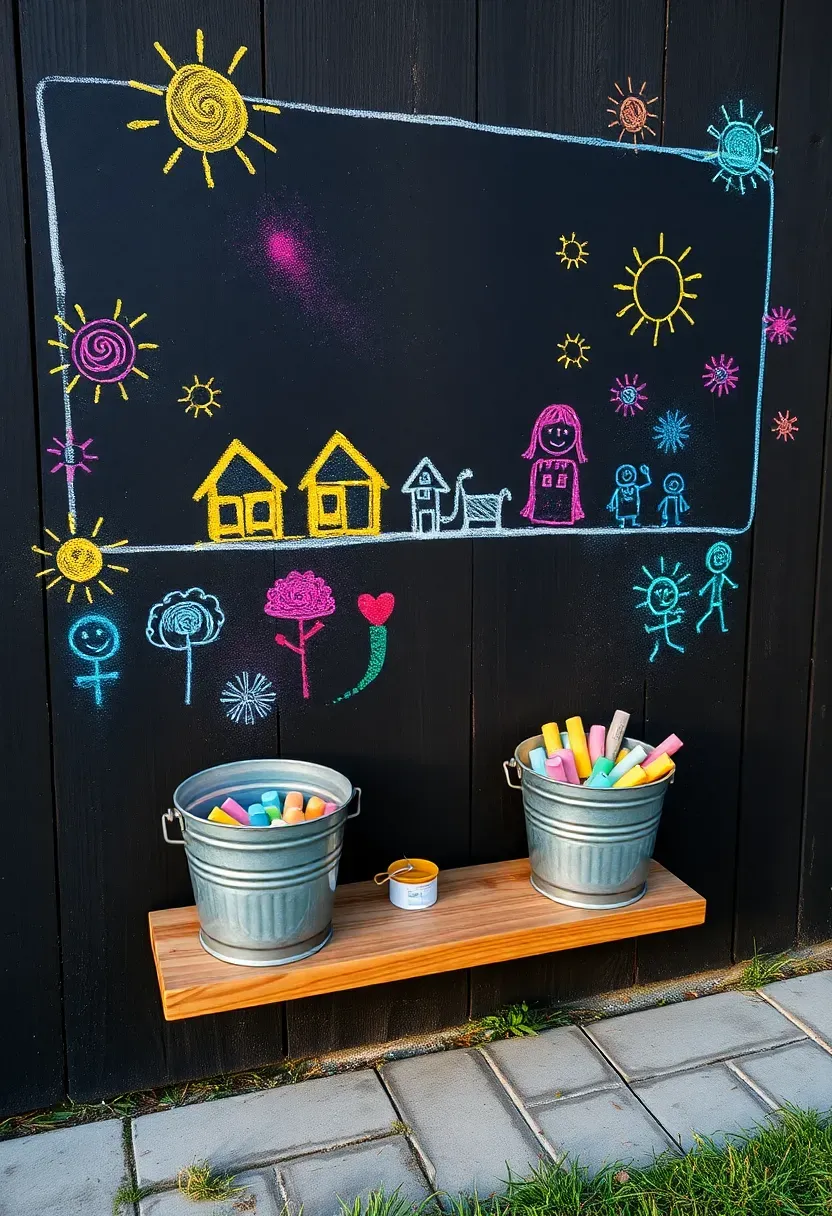 A section of backyard fence painted with chalkboard paint in a large rectangle, covered in colorful chalk drawings by kids, with a wooden shelf below holding chalk buckets