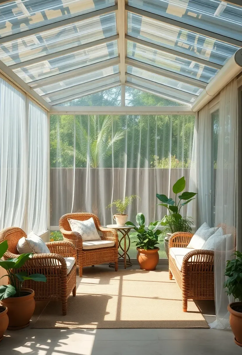 Fully enclosed budget backyard sun room with clear vinyl curtain walls, outdoor furniture, and plants thriving inside year-round