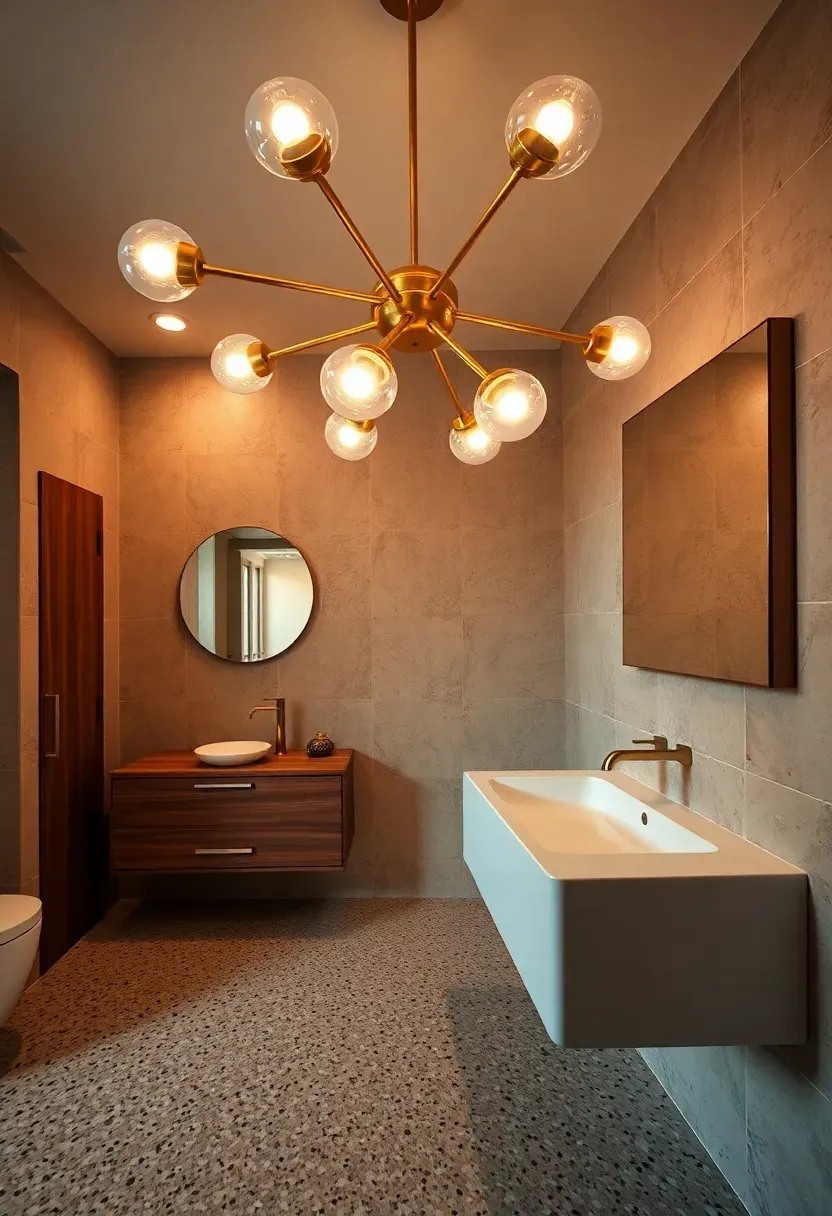 Brushed brass sputnik chandelier with exposed bulbs in a mid-century modern bathroom with terrazzo tile
