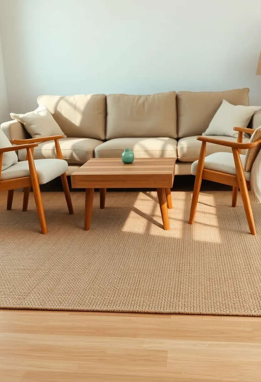 Flat-weave area rug anchoring a living room seating arrangement on light wood flooring