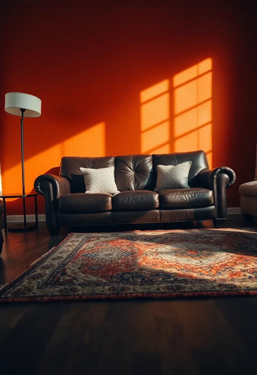 Vibrant living room with a bold burnt orange accent wall behind a dark leather sofa with textured throw pillows and vintage rug