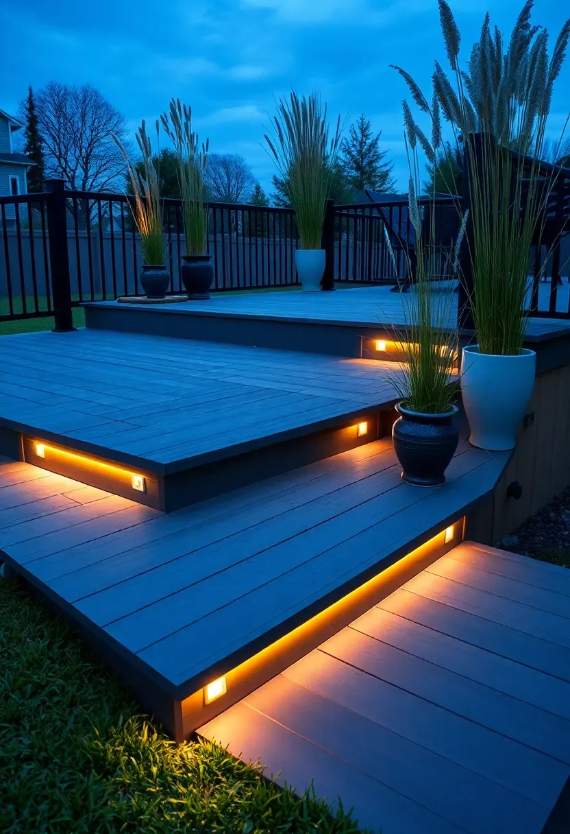 multi-level back deck with three tiered platforms stepping down a gentle slope, composite gray decking, built-in LED step lights, and potted grasses at each level