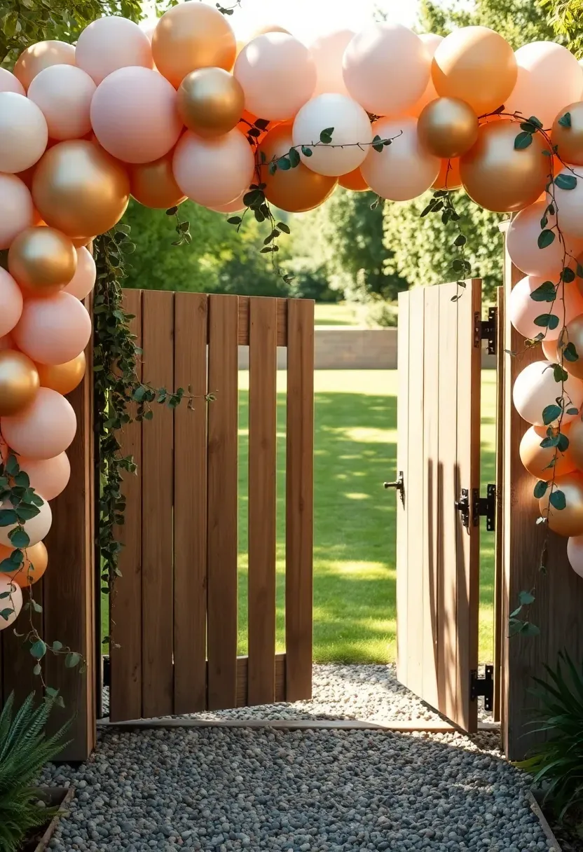Pink and gold balloon arch framing a backyard gate entrance for a sweet 16 birthday party with greenery accents