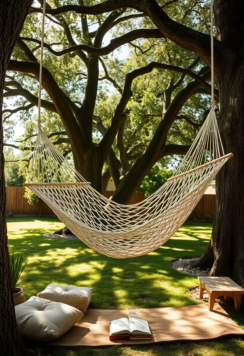 Three hammocks hung between mature shade trees in a dappled backyard oasis with scattered ground cushions and a low table