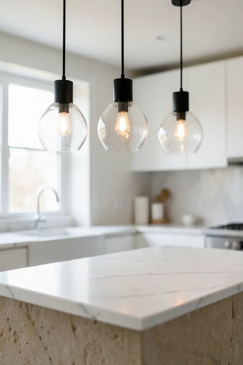 Two slim black pendant lights hanging over a light wood kitchen island — minimalist Scandinavian lighting design in a bright apartment kitchen