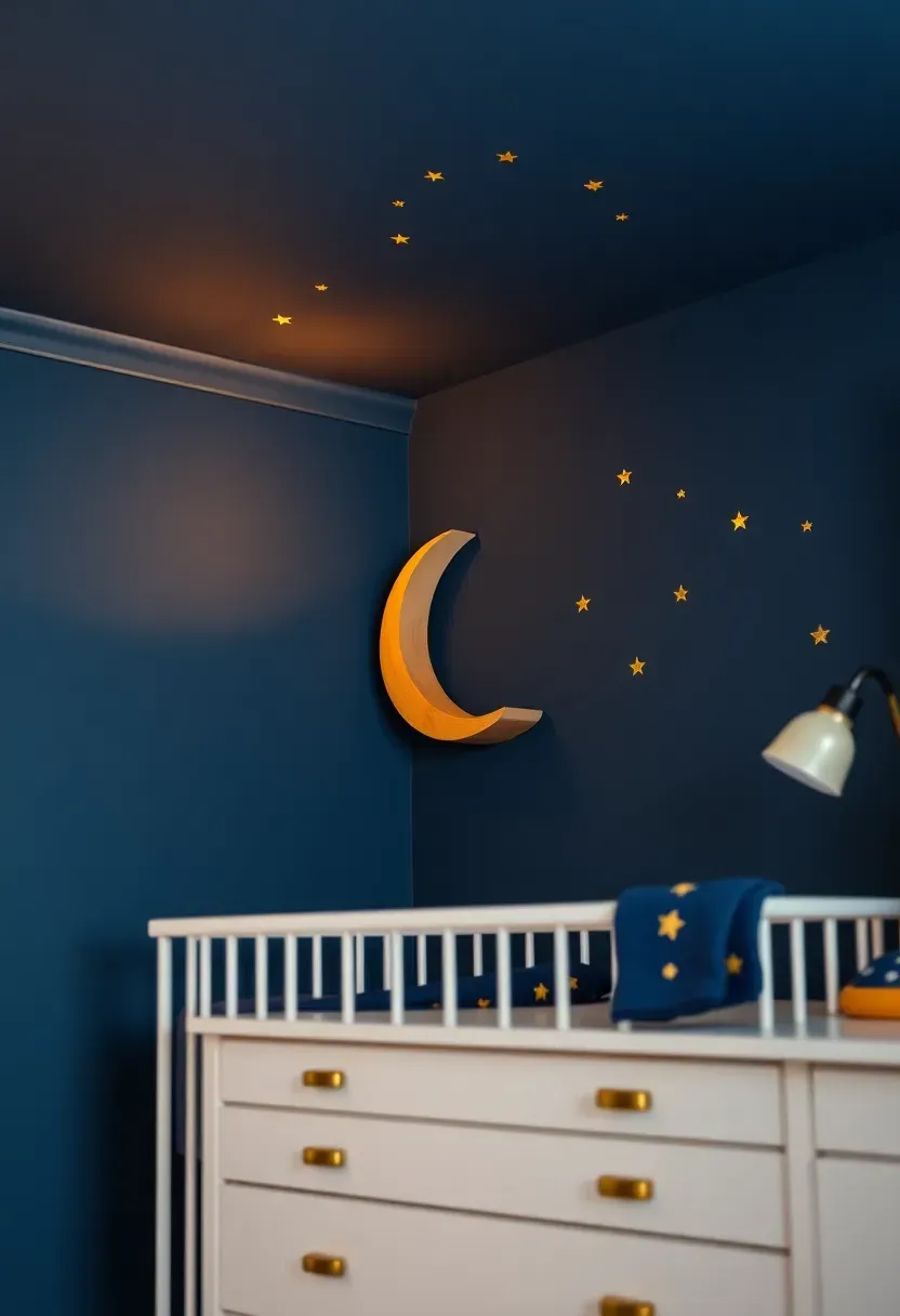celestial nursery theme with moon and star wall decals navy ceiling and warm gold accents