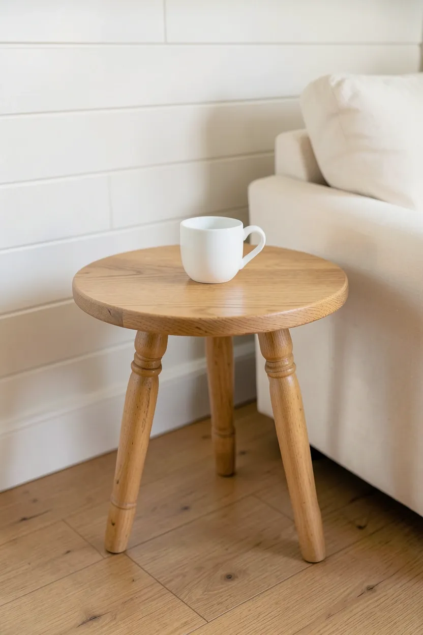 Simple wooden farmhouse side table with turned legs next to a cream sofa in a rental living room