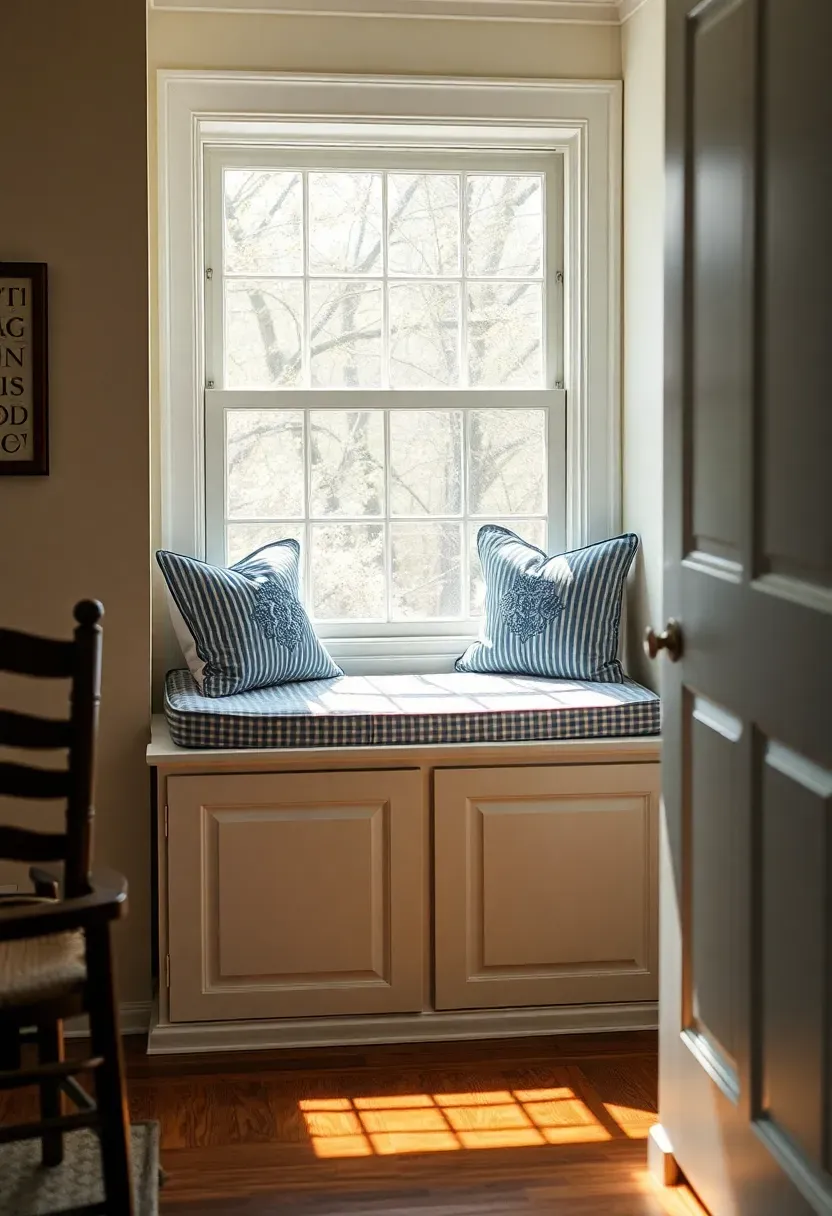 Hyper-realistic 3/4 view of a colonial window seat nook in a small living room. Window seat features raised-panel cabinet doors below, tailored blue ticking cushion, matching throw pillows with colonial embroidery. Materials: painted white cabinetry, multi-pane double-hung window with cream walls, wide-plank oak floor. Bright natural light streaming through window, casting geometric shadows from window muntins. Shallow depth of field showing cushion texture and cabinet hardware. Visible room context—glimpse of ladder-back chair, colonial-style side table. Cozy reading nook mood like historic farmhouse.</p>