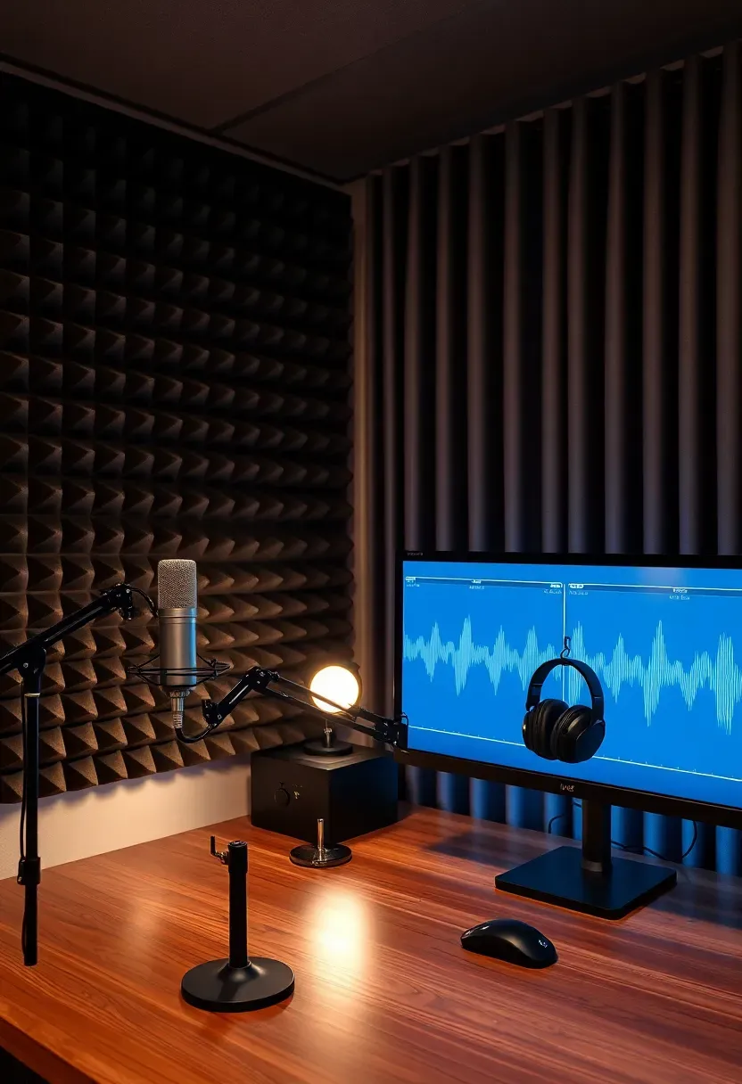 Basement podcast recording studio with acoustic foam panels, two microphones on boom arms at a shared desk, monitor screens, and sound-dampening curtains
