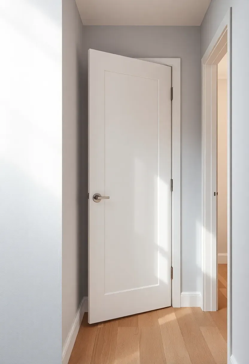 A white pocket door partially recessed into a basement hallway wall with brushed nickel pull hardware