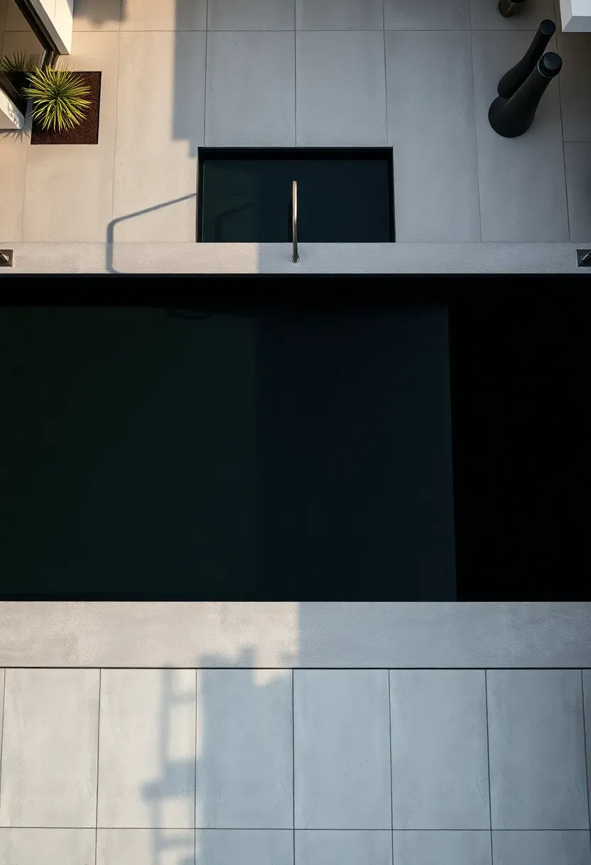 Stark geometric pool with precise rectangular lines in minimalist concrete patio