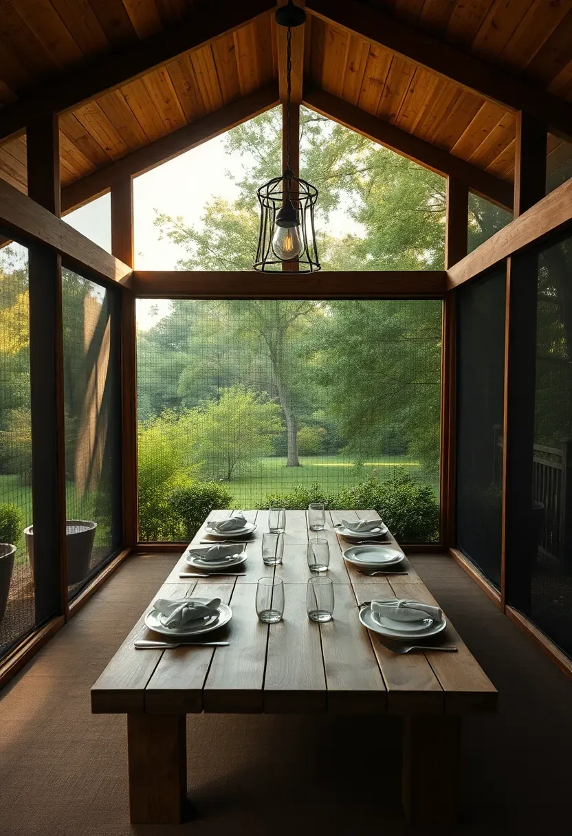 A screened gazebo with a rectangular dining table set for six people inside, pendant light hanging from the ceiling, and a view of a garden through the mesh walls