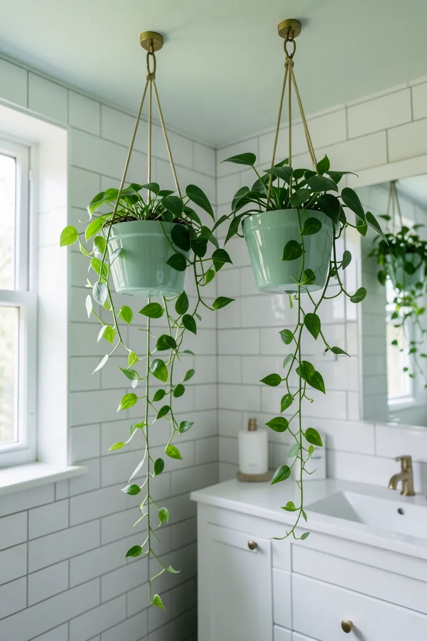 Hyper-realistic eye-level photograph of a modern green bathroom with two hanging plants in mint green ceramic planters suspended from ceiling by brass hooks, trailing pothos vines cascading downward, white subway tile walls, white vanity in background. Natural light from window. Materials: mint green ceramic, green plants, brass hooks, white ceramic. Living botanical green aesthetic. Lush plant details. No text, no logos, no watermarks.</p>