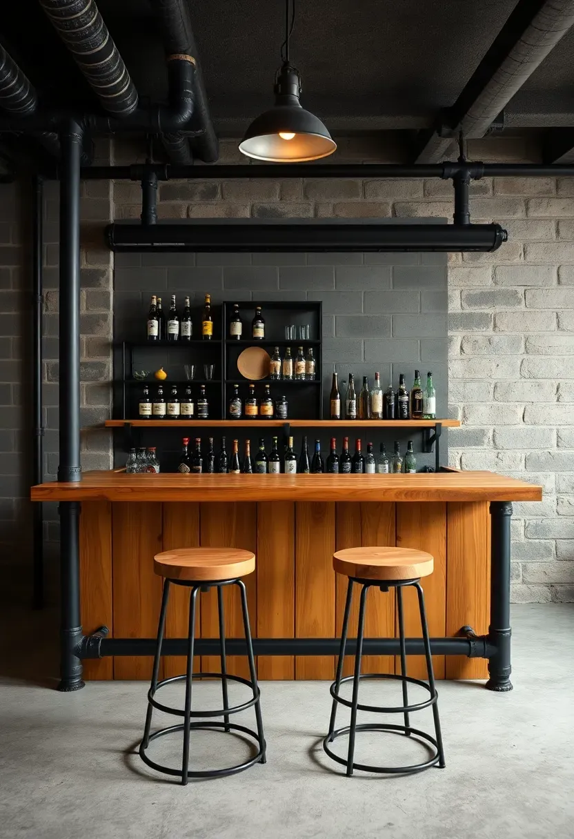 industrial style basement bar with black iron pipe frame structure open shelving and reclaimed wood plank bar top