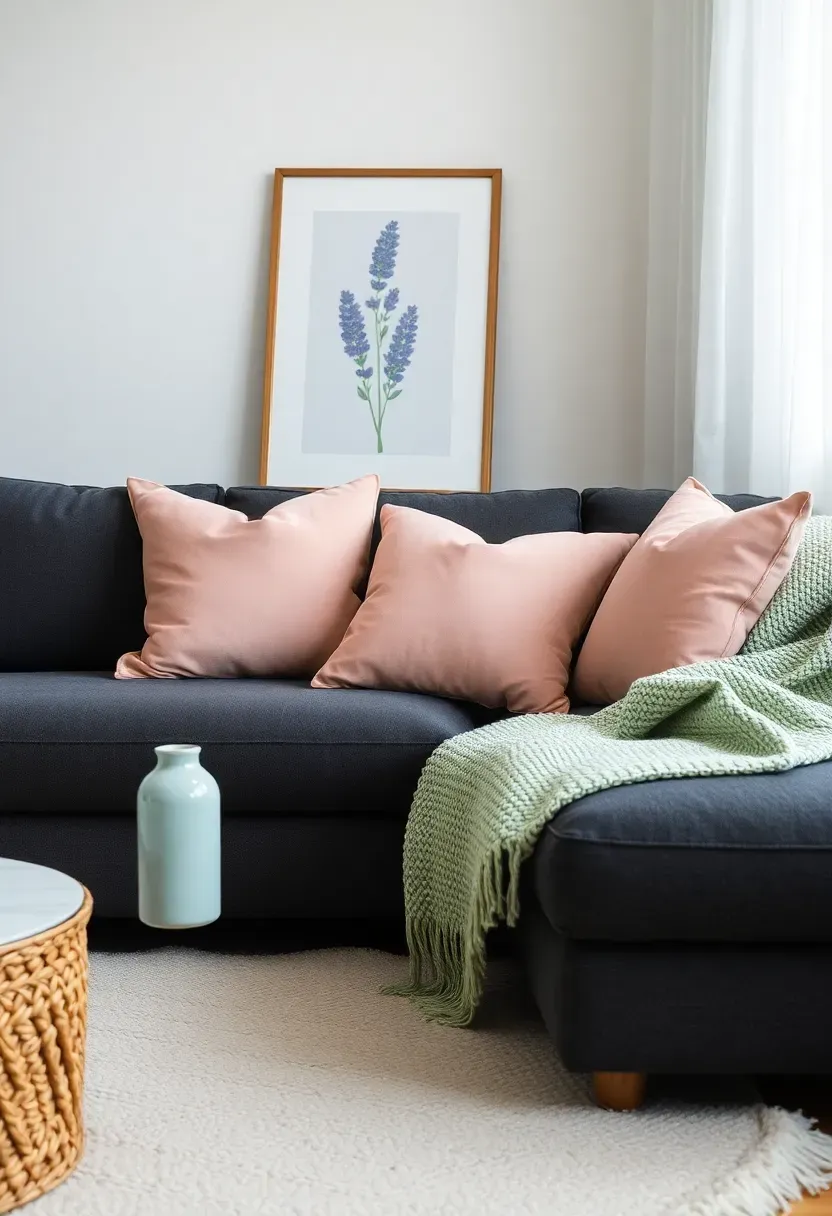 Hyper-realistic 3/4 view of serene living room with dark grey couch, blush pink velvet pillows, sage green throw, light blue ceramic vase, lavender art print, cream rug, sheer white curtains. Materials: charcoal fabric, blush velvet, sage knit, pastel ceramic, cream wool. Soft diffused morning light, gentle pink-blue cast. Serene pastel mood like ethereal bedroom sanctuary. Shallow depth of field, visible delicate ceramic vase detail. No text, no logos, no watermarks.</p>